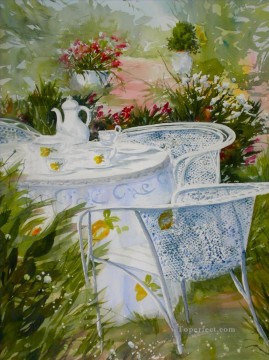 庭の水彩画でお茶 Oil Paintings